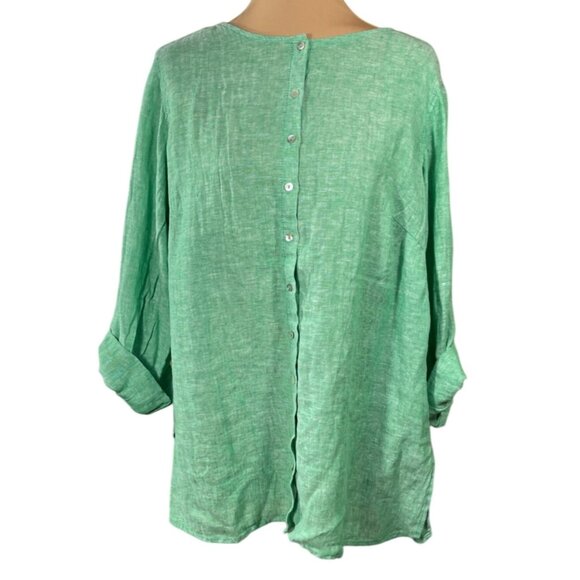 New Tahari Linen Blouse Button Front Size 1X Green Tunic Lagenlook - Picture 1 of 7